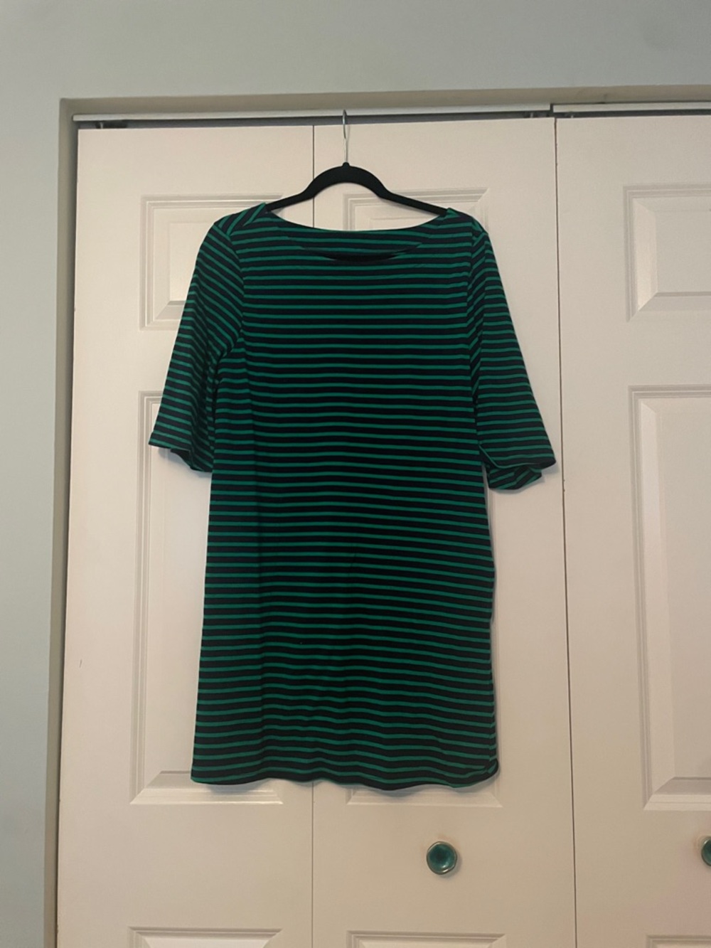 Green and Navy Striped Women’s Shift Dress with pockets!